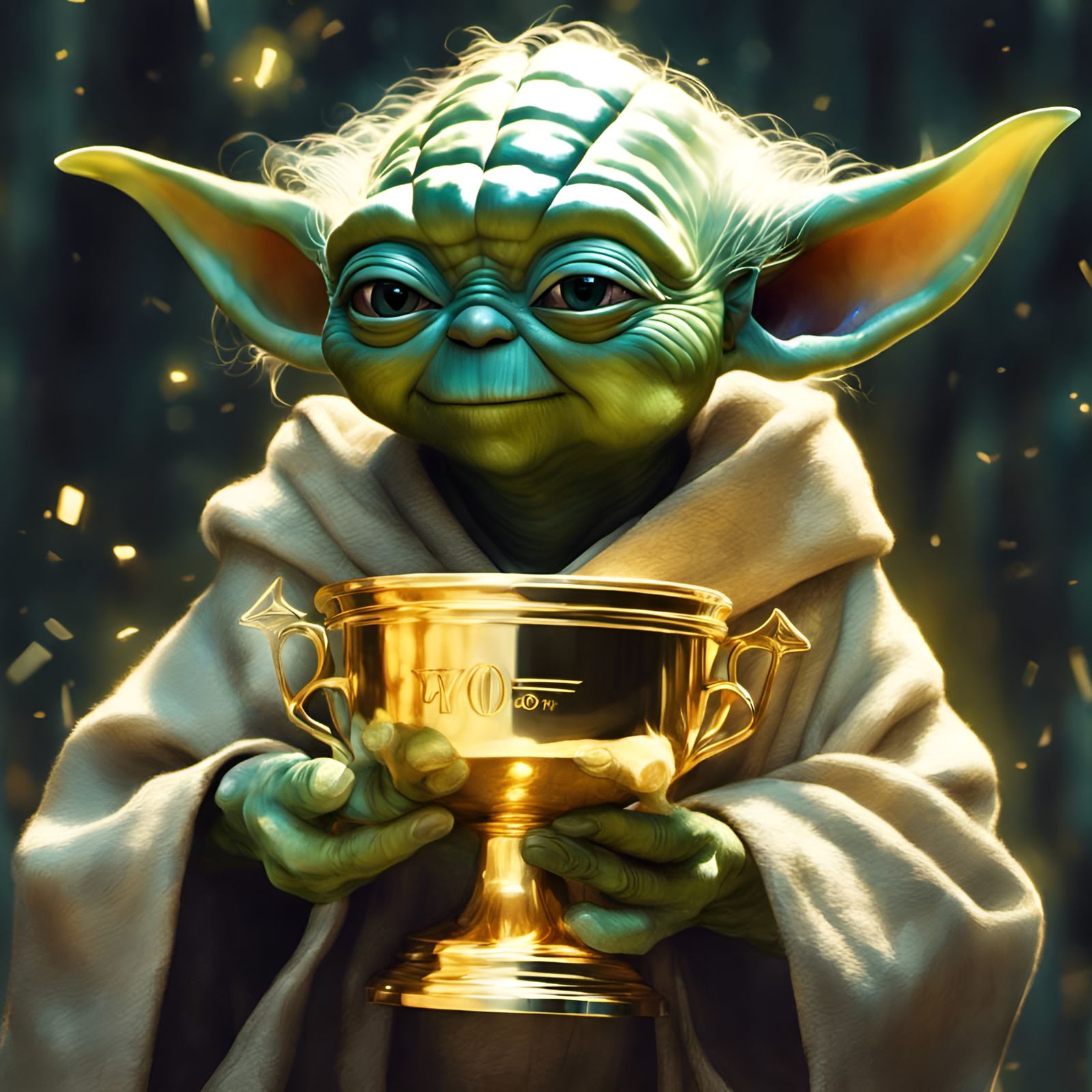 Joyful Yoda Portrait with Golden Trophy