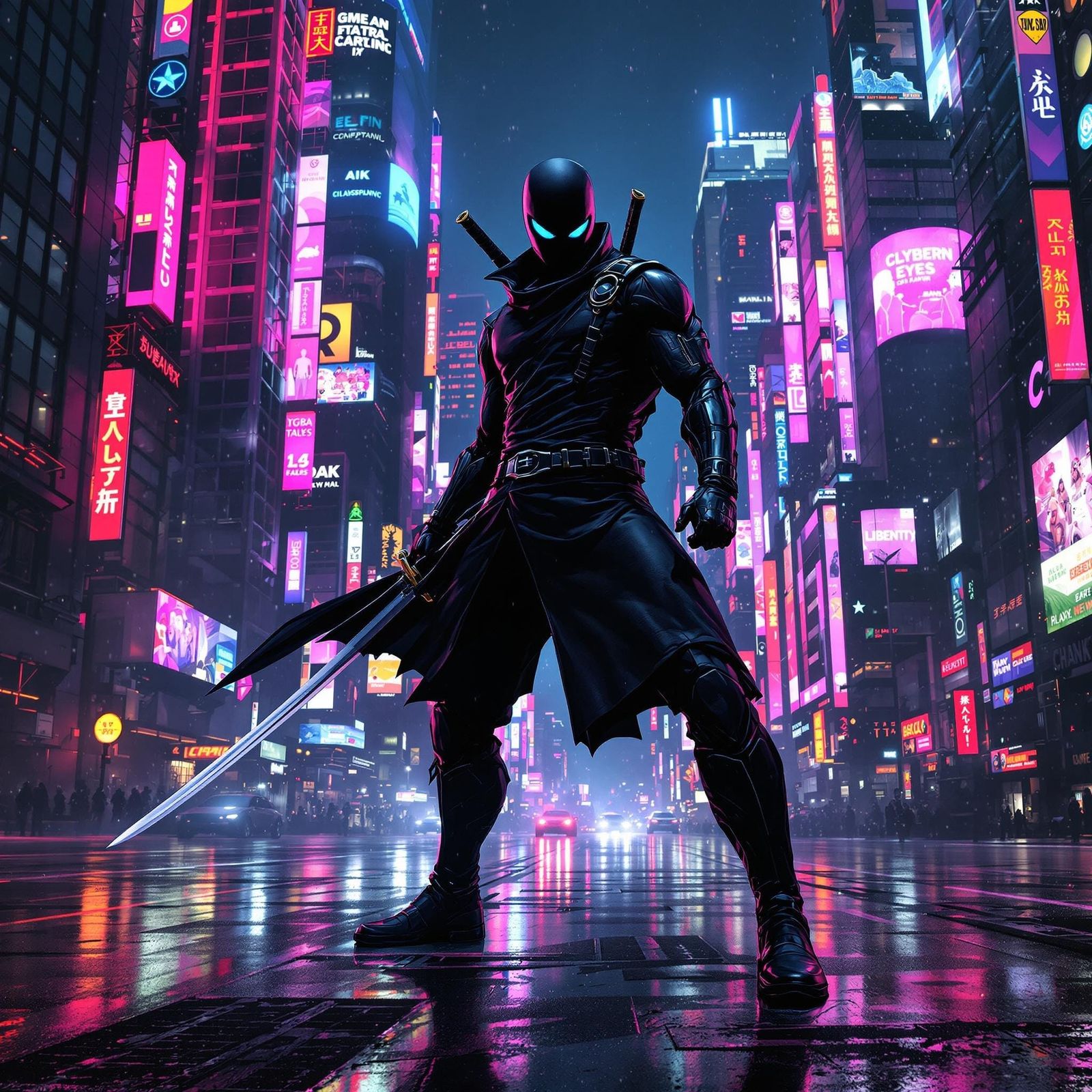 Cyberpunk Ninja Warrior in Dystopian Cityscape