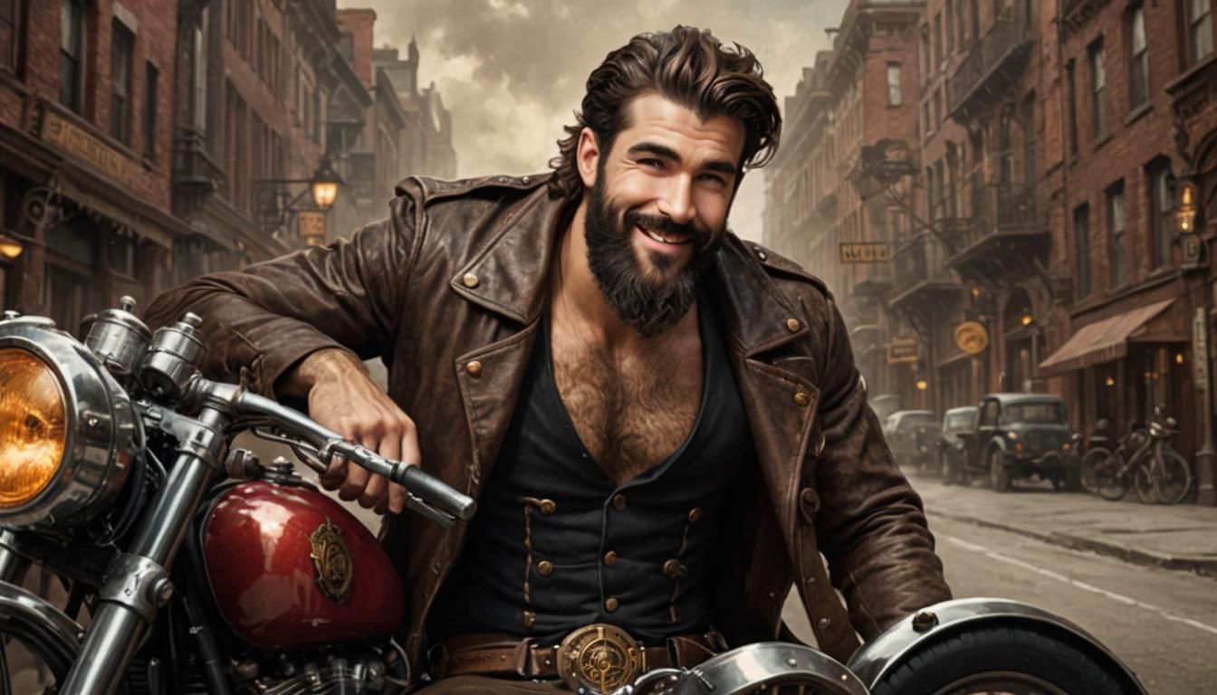 Steampunk Motorcycle Rider with Six Pack Abs