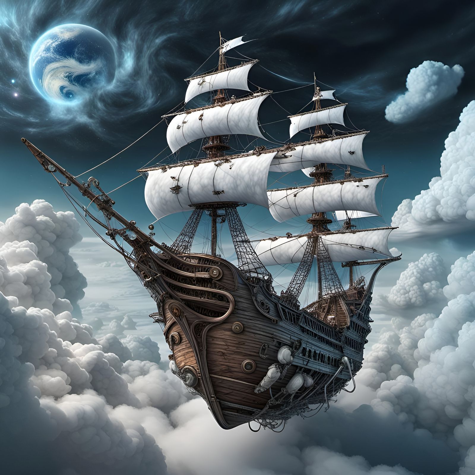 Ghost Pirate Ship Sails Galaxy on Clouds