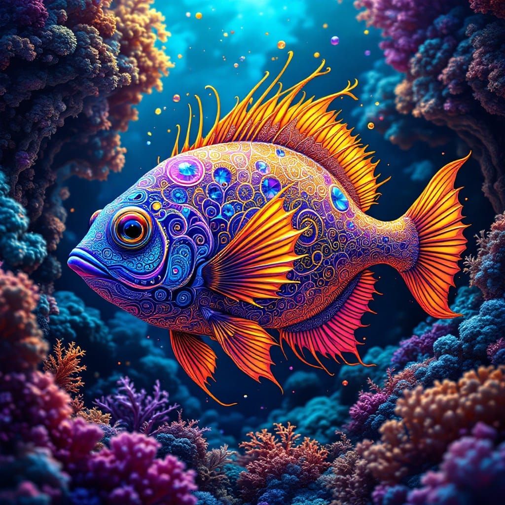 Vibrant Great Sun Fire Fish in a Dreamlike Digital Landscape