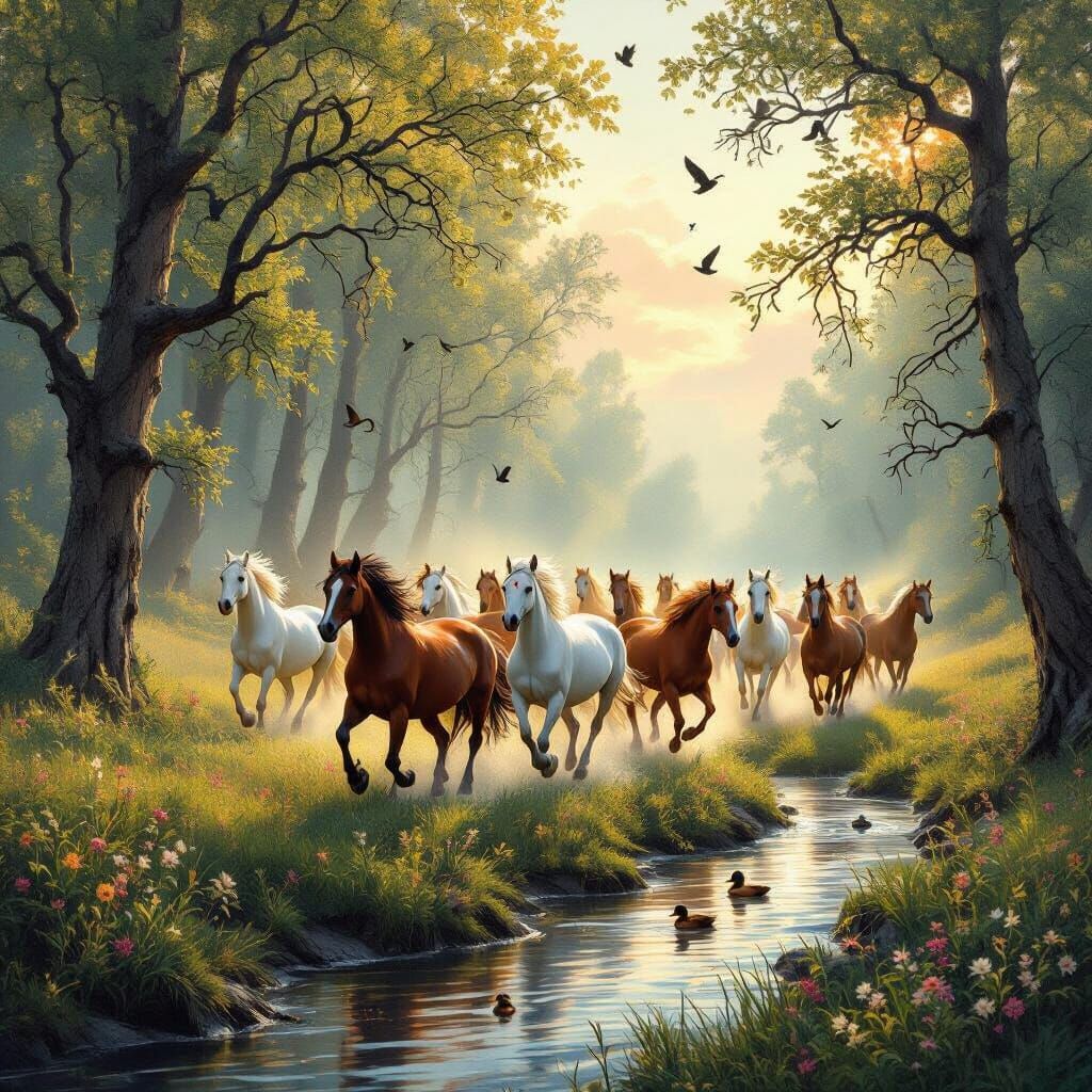 Majestic Wild Horses Gallop Through Ethereal Meadow
