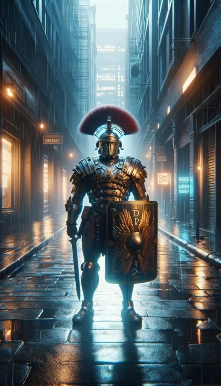 Futuristic Roman Soldier in Rainy Cyberpunk Alleyway