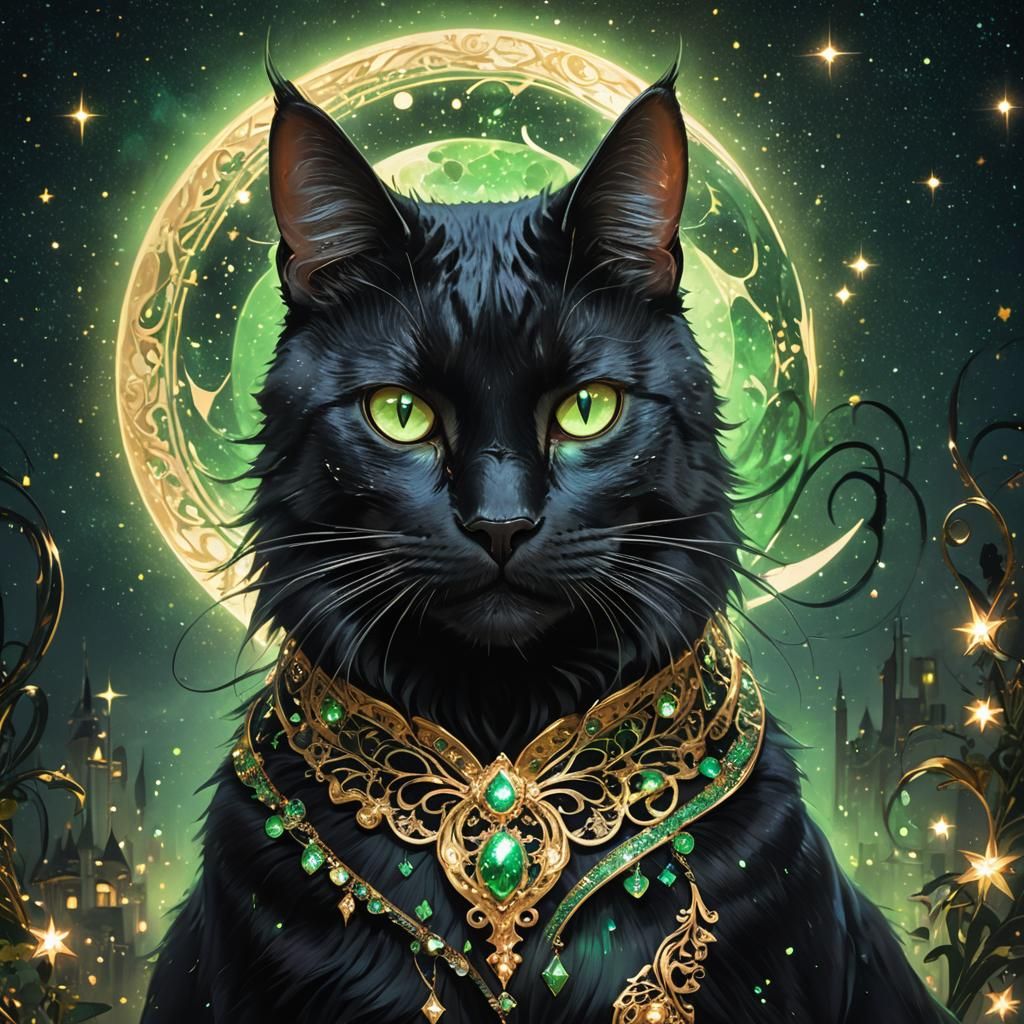 Majestic Black Cat Portrait with Golden Sparkles