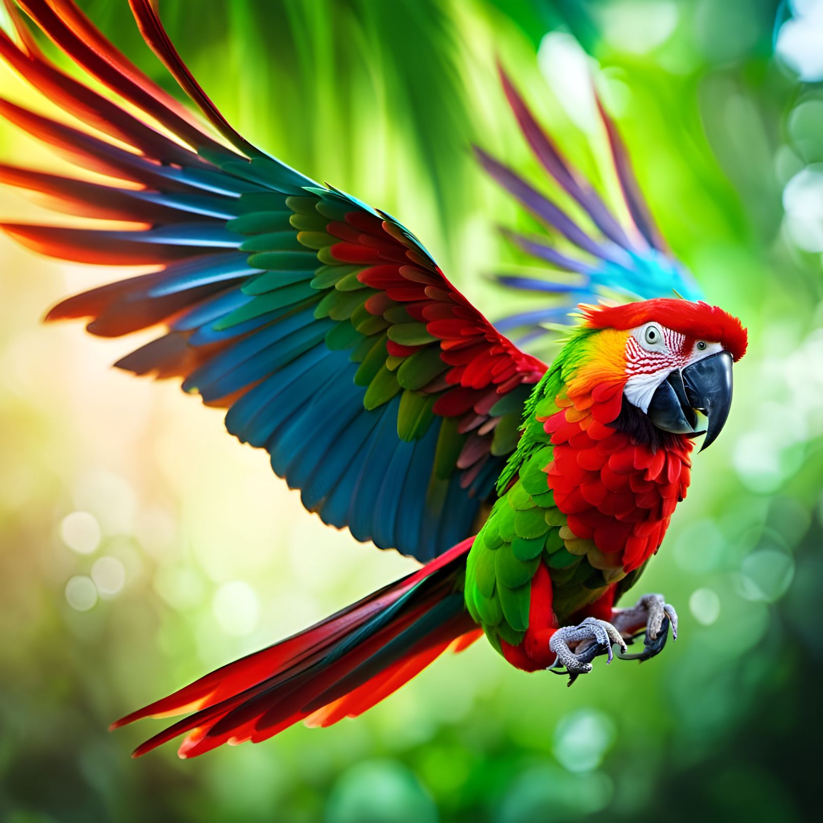 Flying Red Macaw in Tropical Forest
