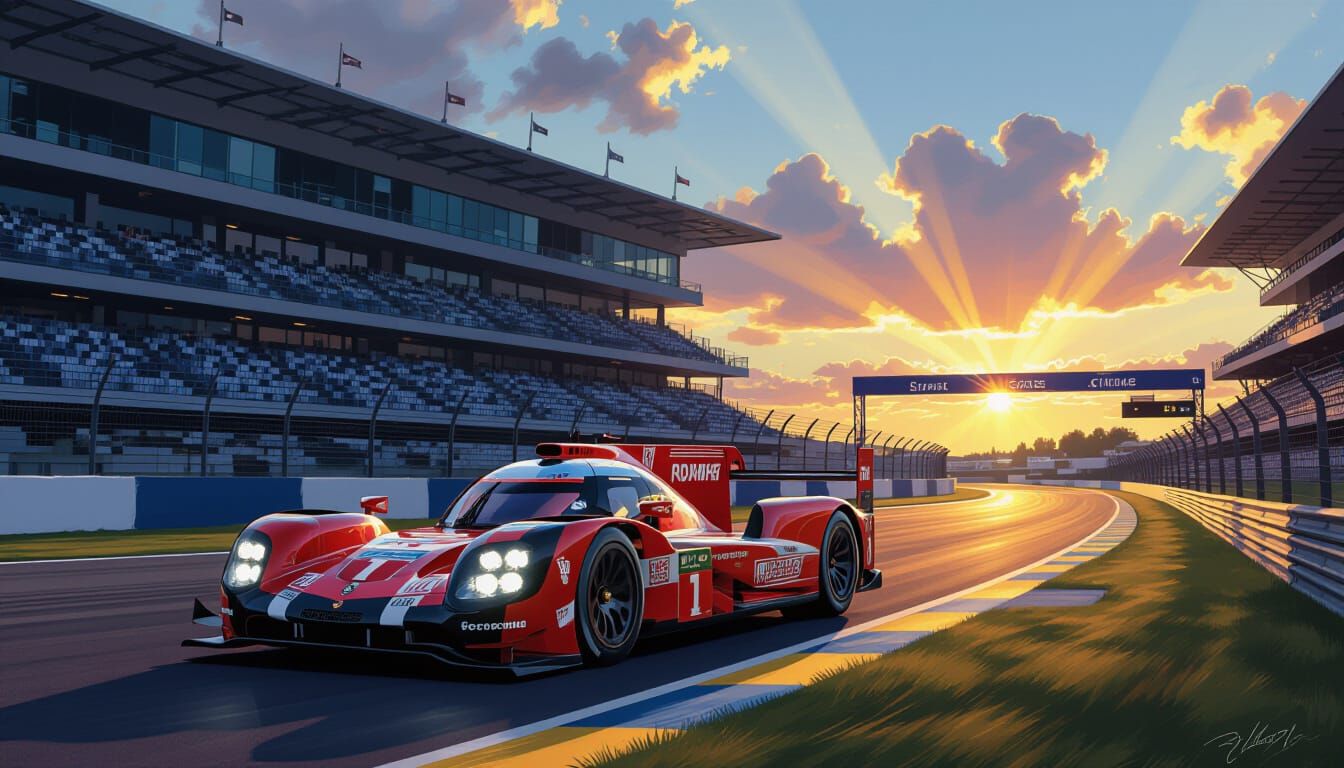 Red Porsche Race Car at Le Mans at Dawn