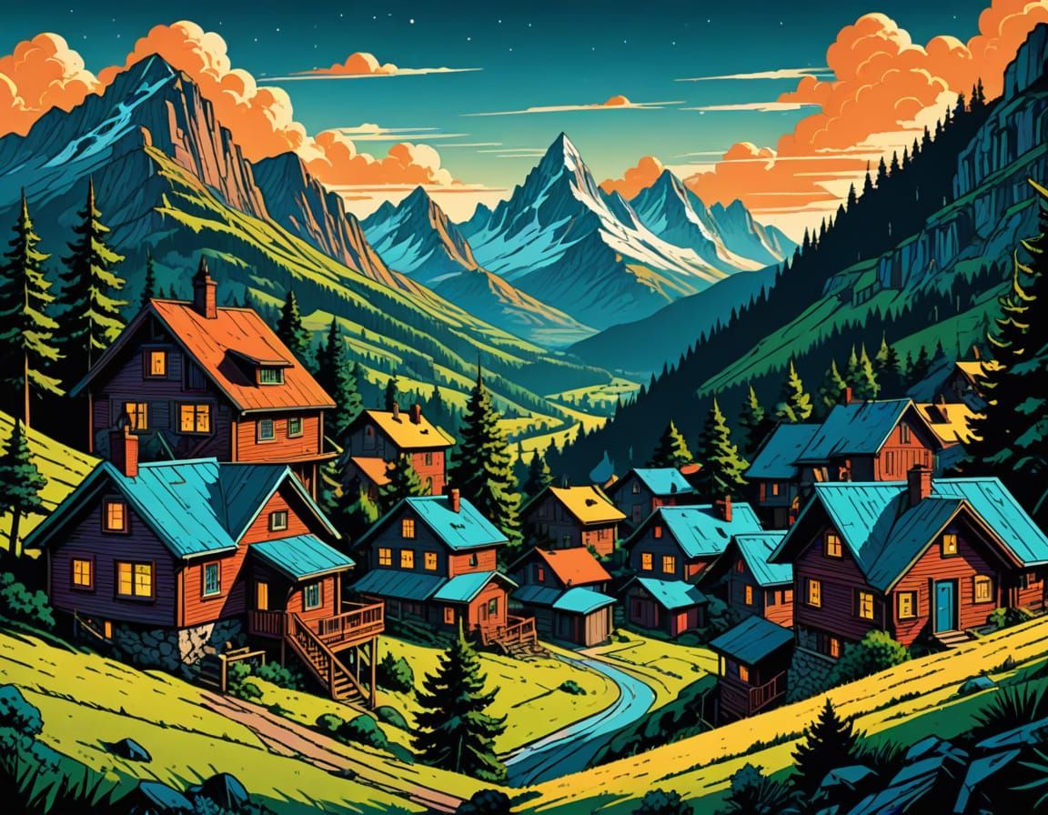 Retro Comic Book Alpine Village Serigraph