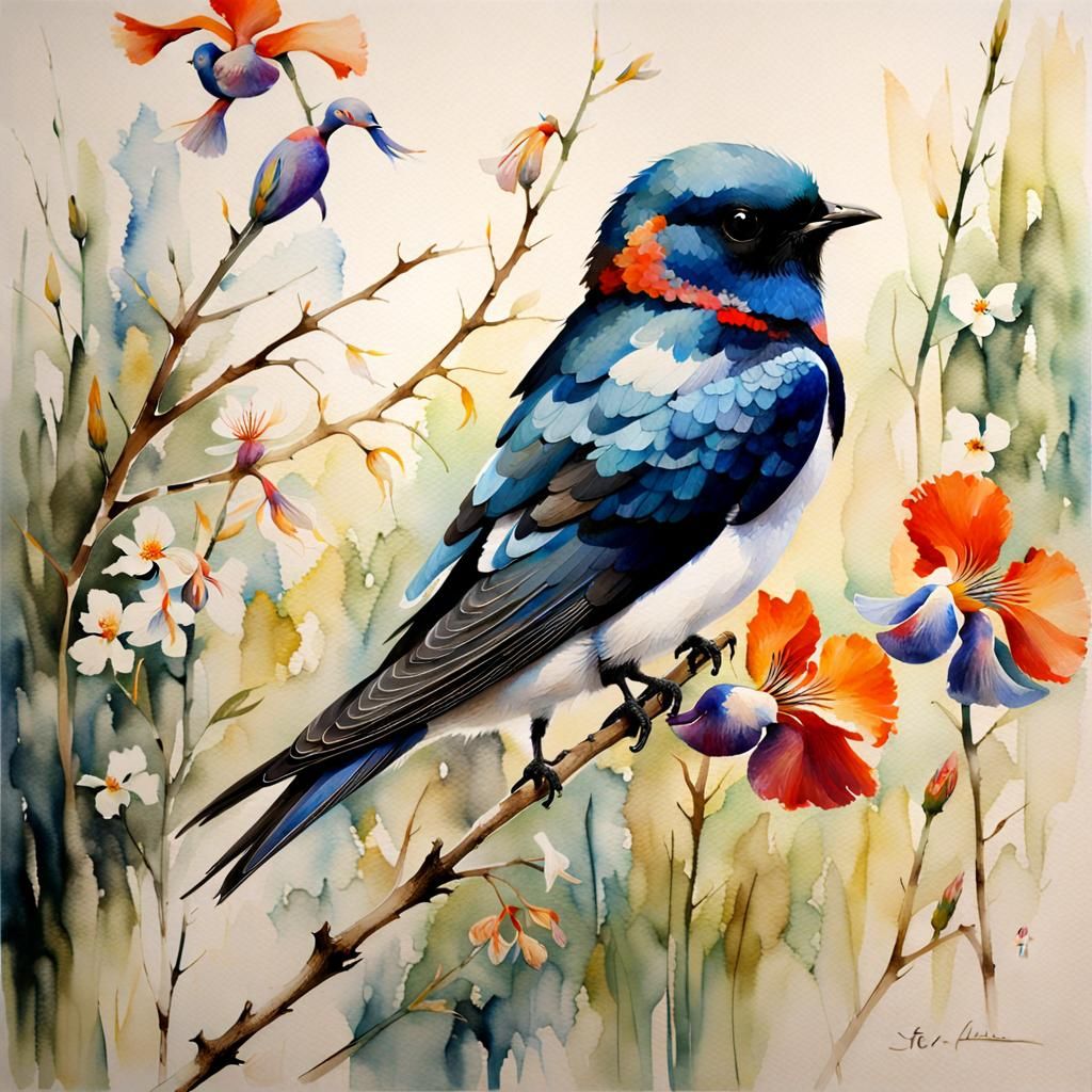 Whimsical Watercolor Swallow with Floral Details