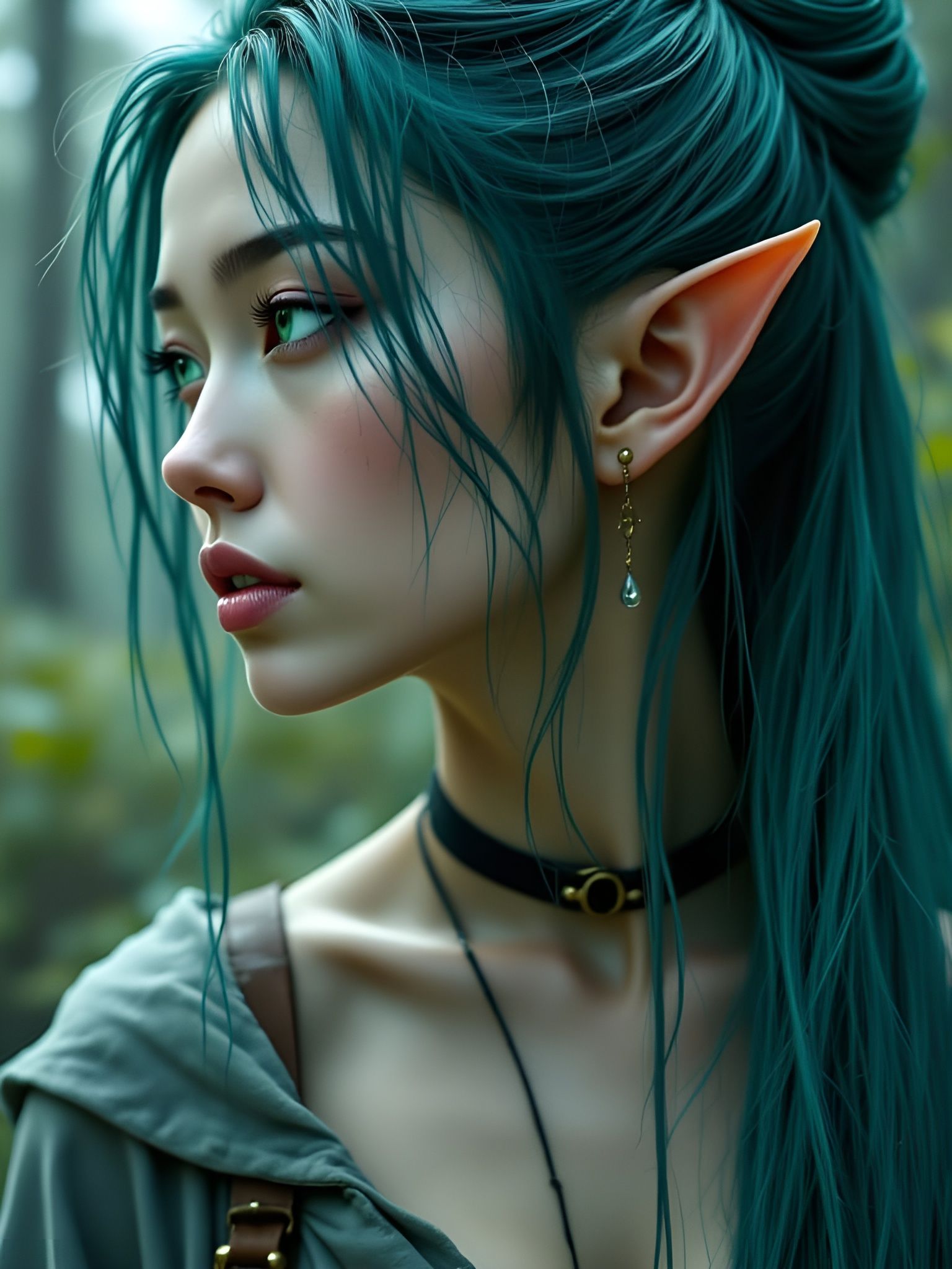 Ethereal Elf Woman in Rainy Landscape
