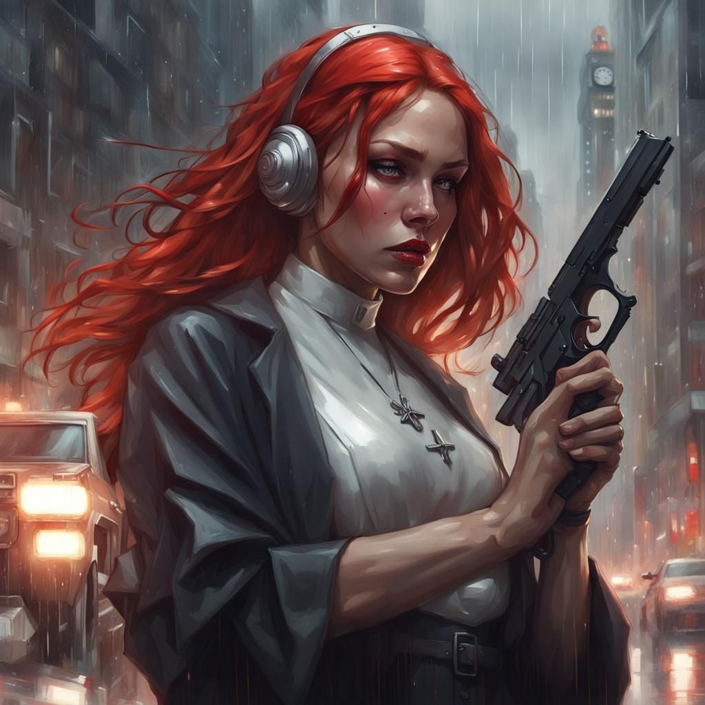 Red-Haired Nun Vigilante in Hyperdetailed Portrait