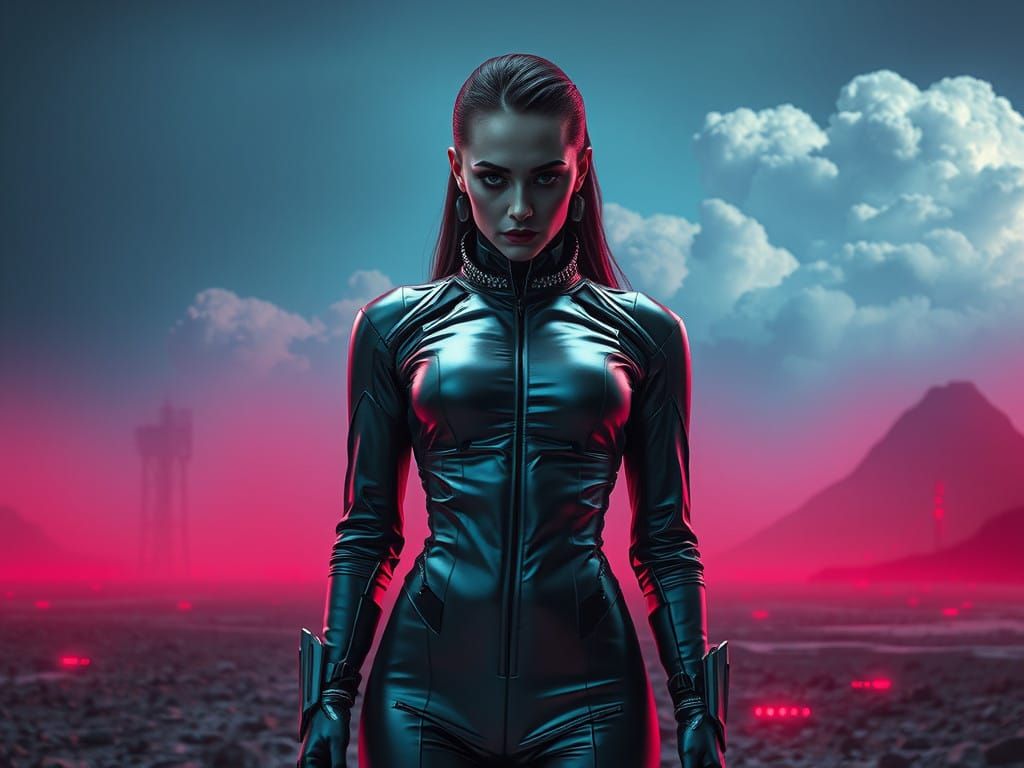 Mysterious Futuristic Figure in Brutalist Landscape