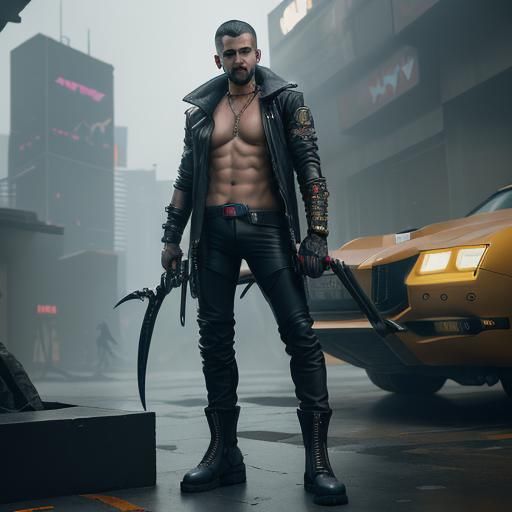 Athletic Goth Man with Scythe in Cyberpunk Style