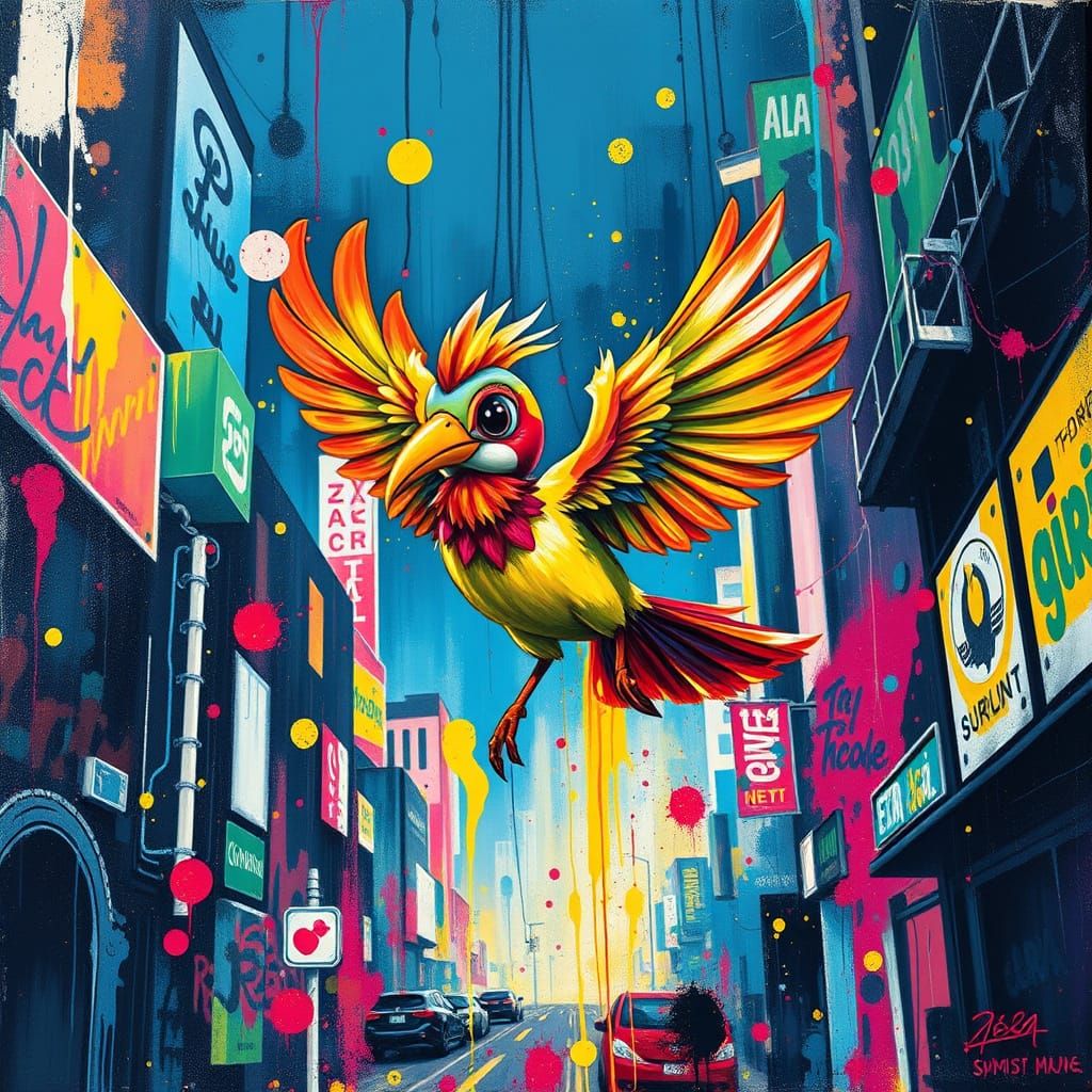 Vibrant City Strawbirdy in a Whirlwind of Color and Graffiti