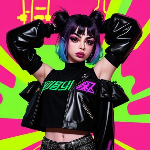 Pop Star Goddess Embracing Neon Rebellion
