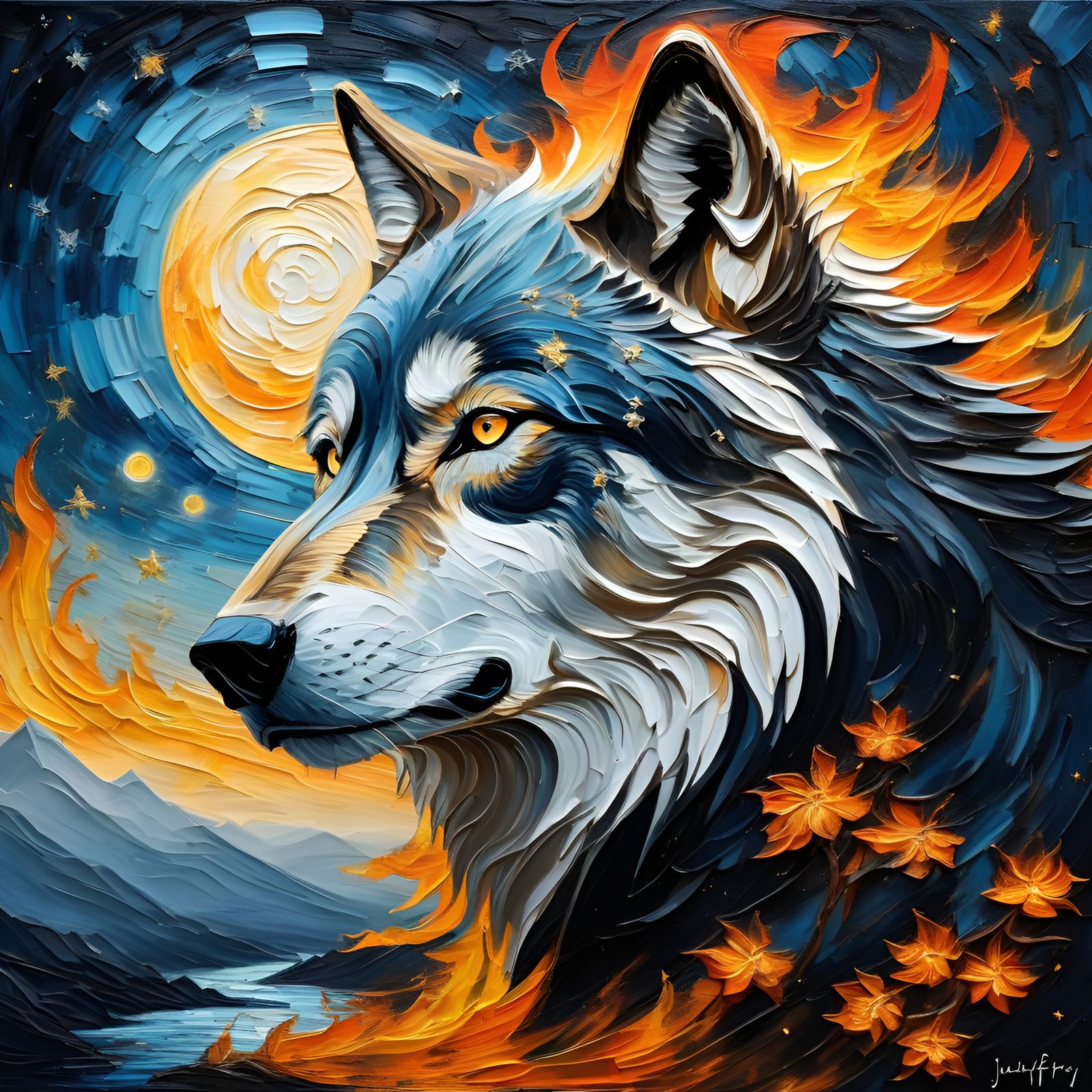 Fiery Wolf in Starry Night: Impasto Oil Painting