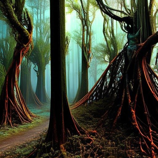 Ancient Creature in Dark Enchanted Forest