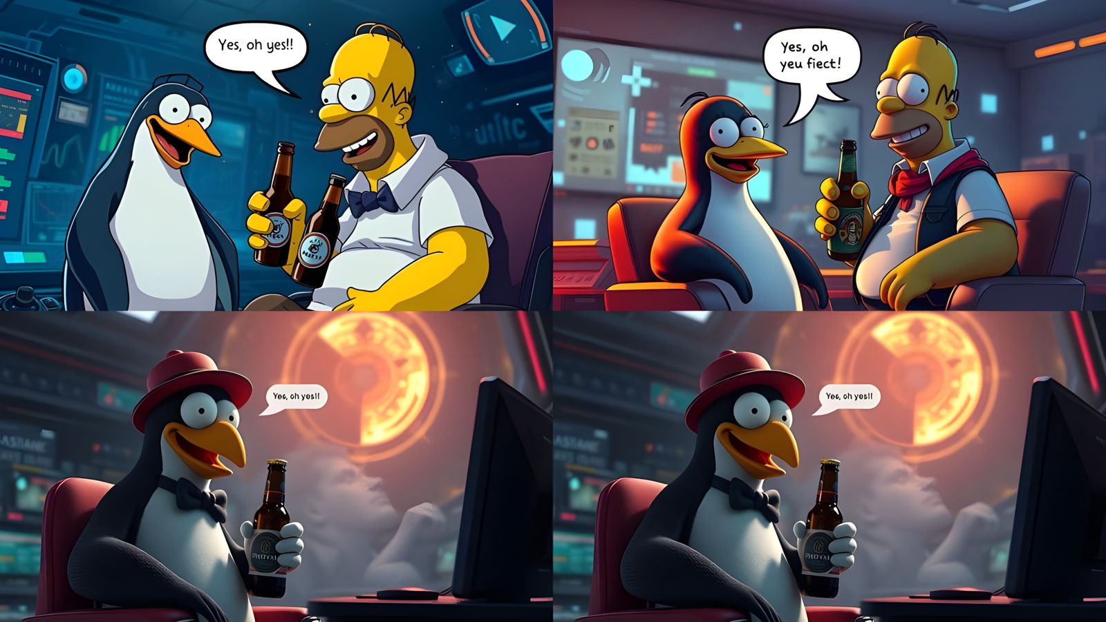 Surreal Cyberpunk Penguin Confers with Beer-Wielding Homer i...