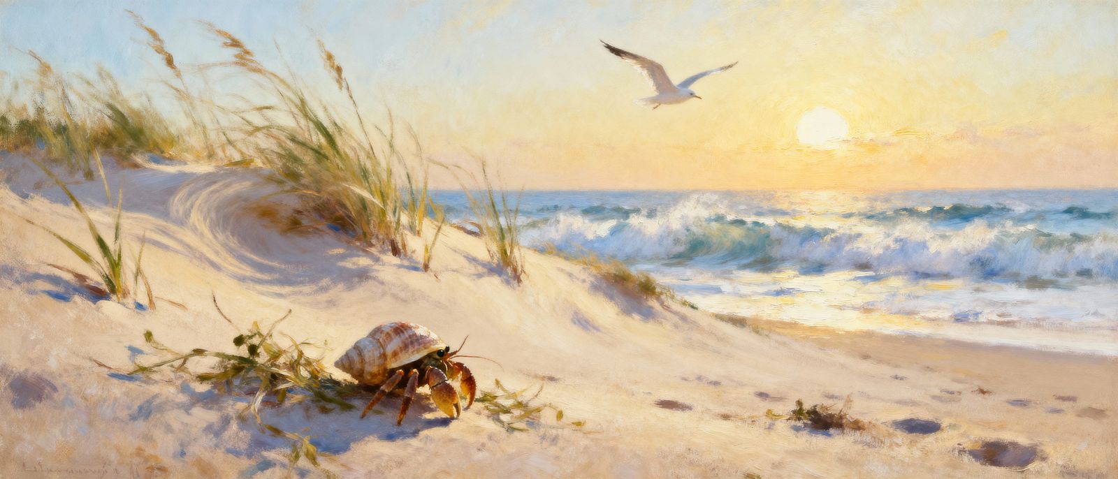Serene Beach Sunrise with Gentle Breeze and Hermit Crab