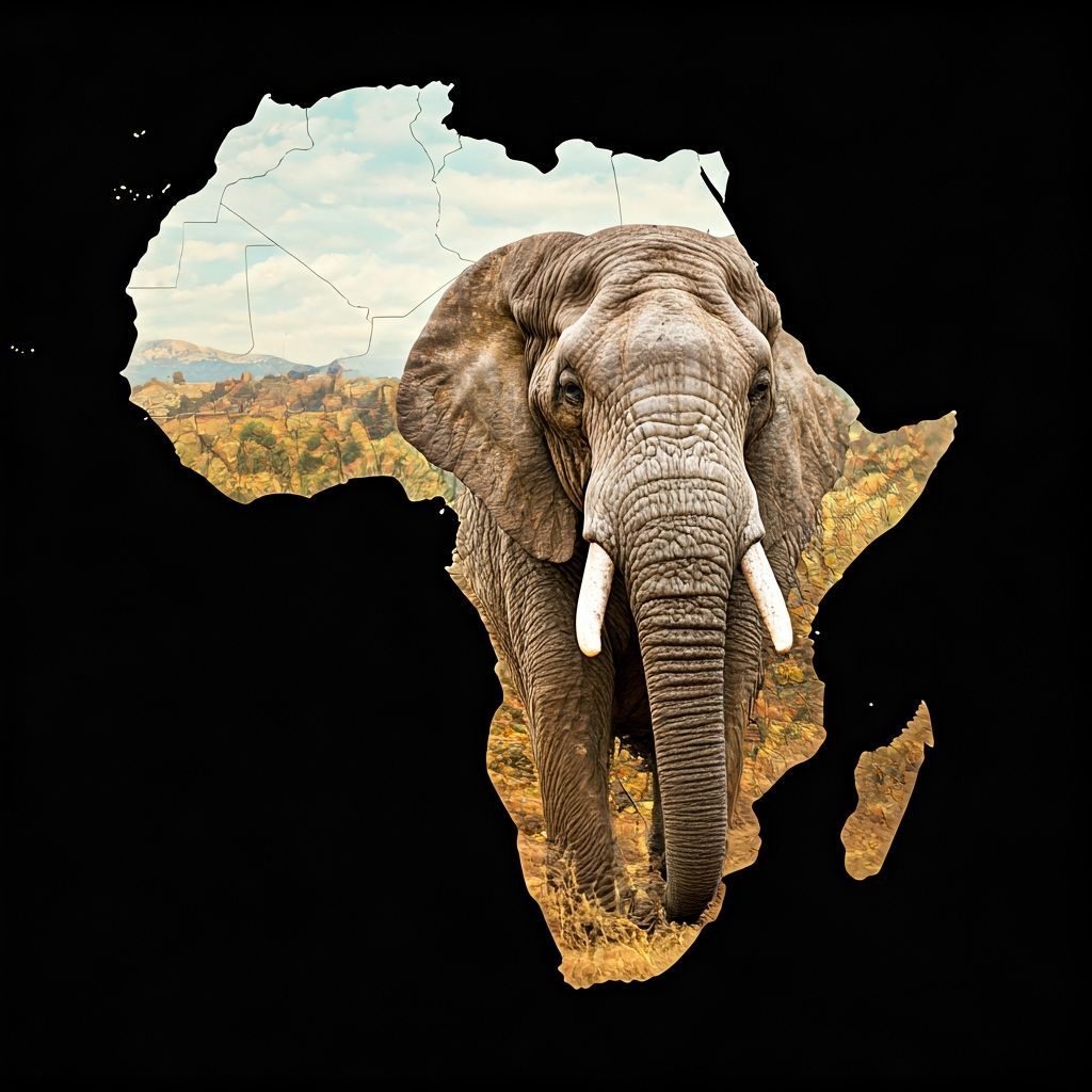 Double Exposure Elephant Merged with Africa Map
