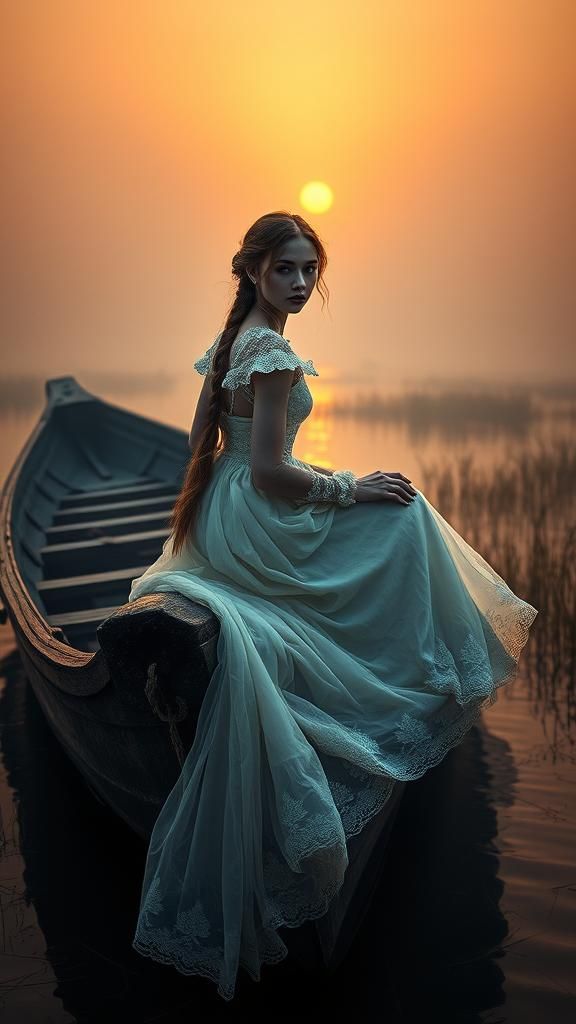 Victorian Woman in Boat at Mystical Sunset
