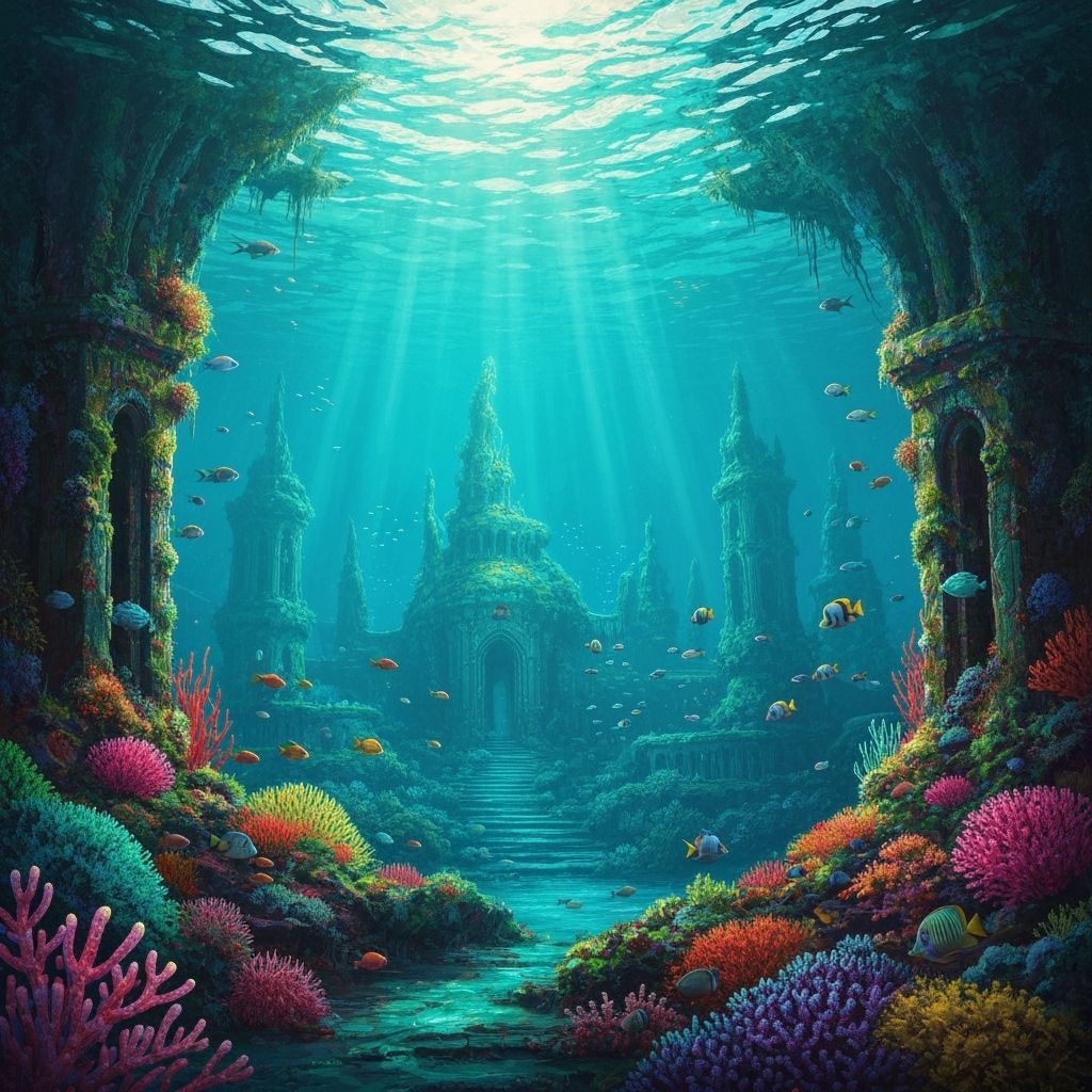 Submerged Ancient City with Bioluminescent Coral