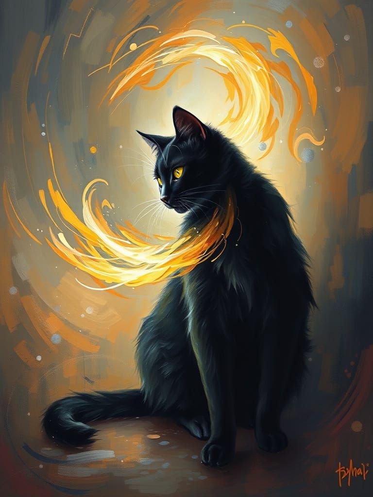 Black Cat Amidst Swirling Light