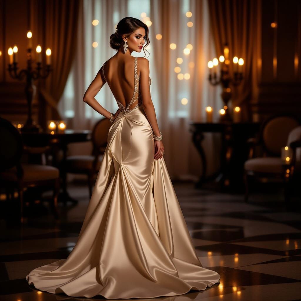 Elegant Woman in Backless Gown, Art Nouveau Style