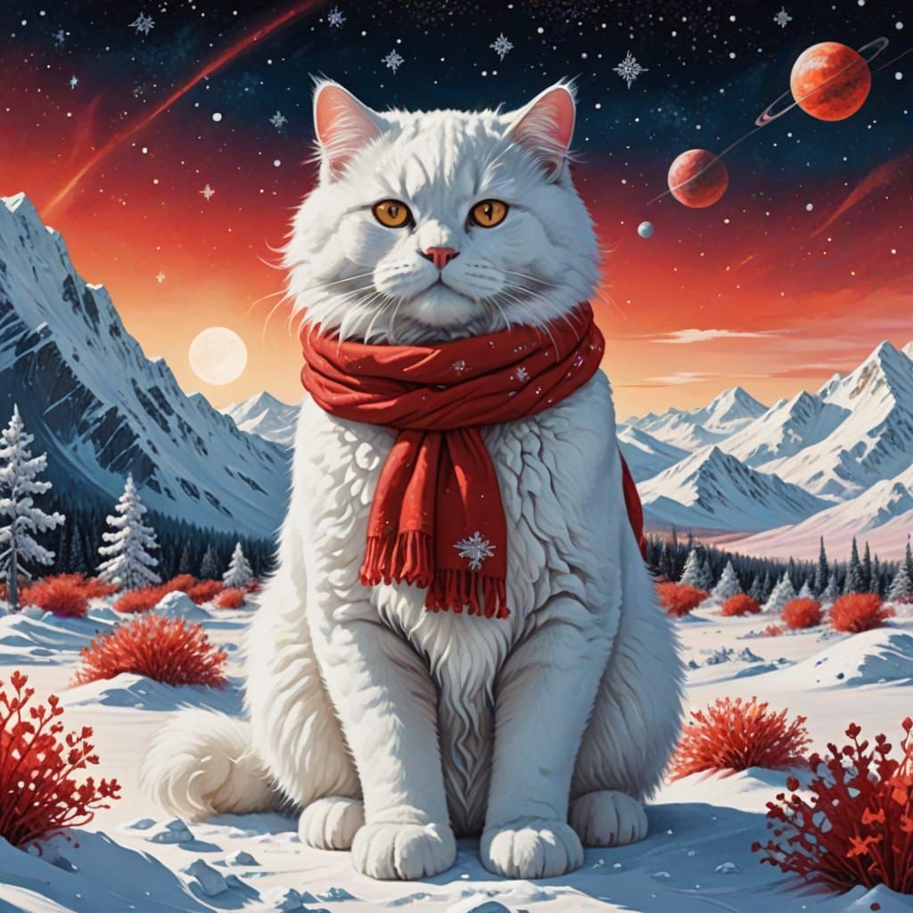 Astronaut and Cat in Cosmic Winter Landscape
