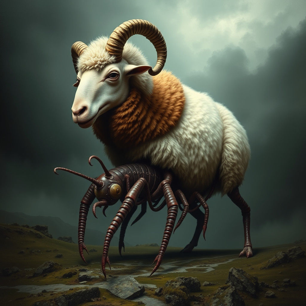 Surreal Centipede Sheep Hybrid in Biomechanical Style