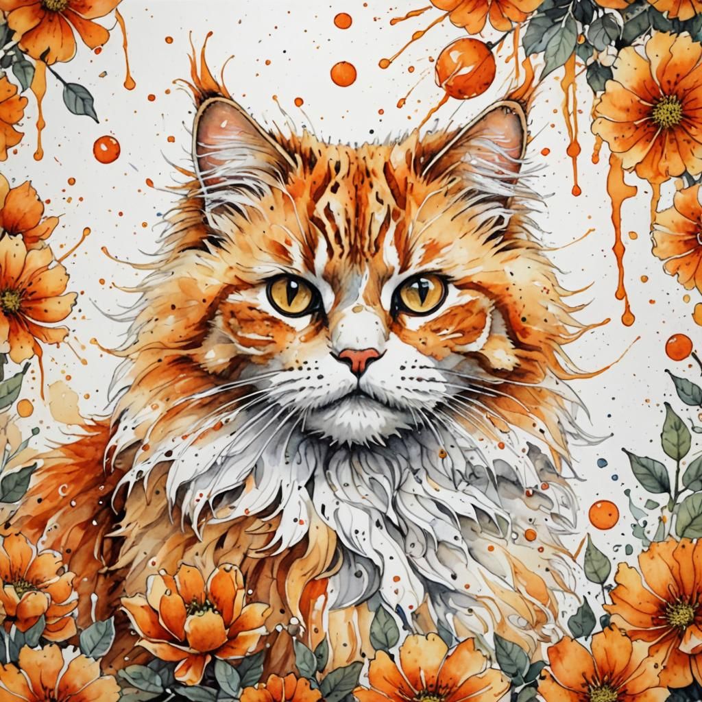 Watercolor Cat Painting with Ink Outlines