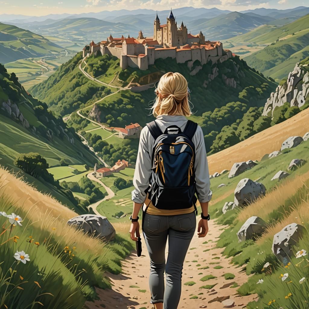 Woman's Journey on the Camino de Santiago in Anime Style
