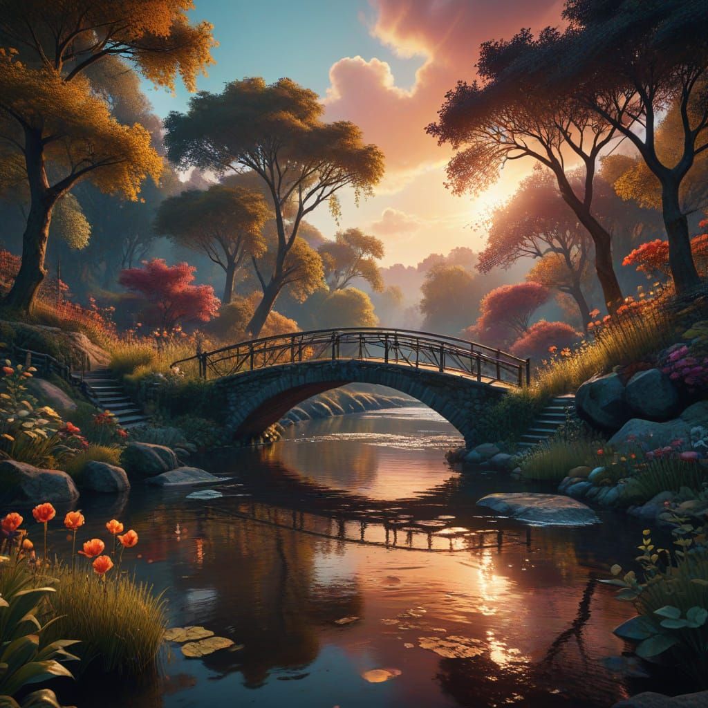 Serene River Scene with Quaint Bridge in Vibrant Sunset