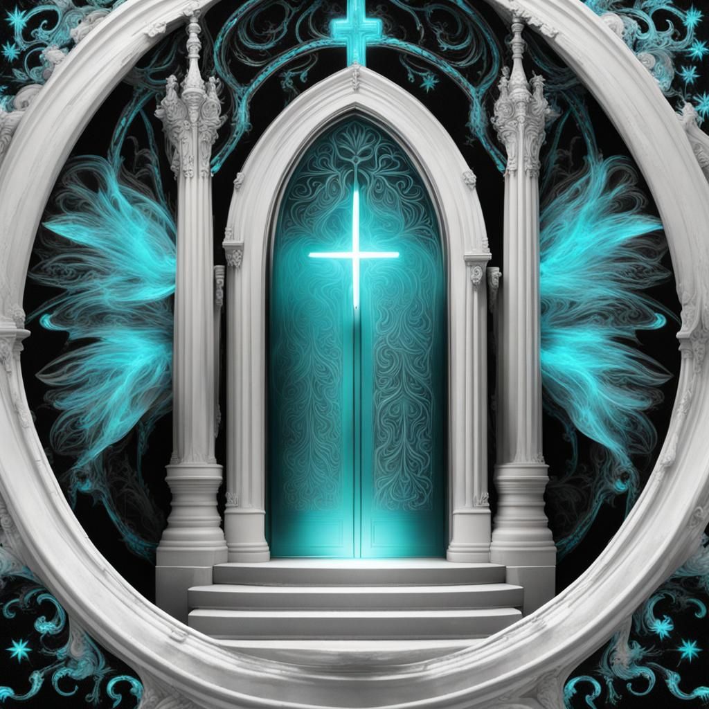 Bioluminescent Gothic Gateway to Heaven in Turquoise and Sil...