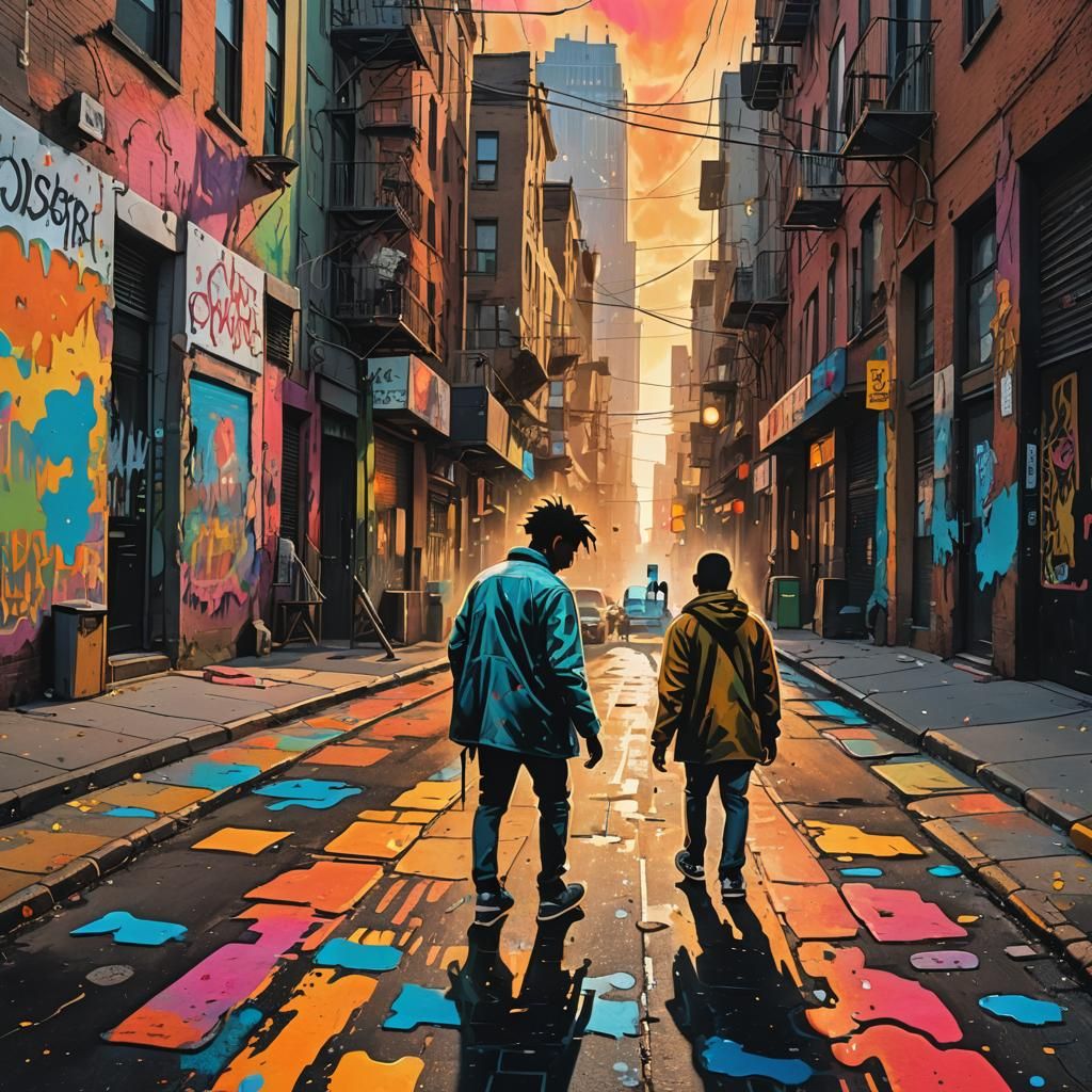 Sunset Street Scene with Melting Graffiti Art