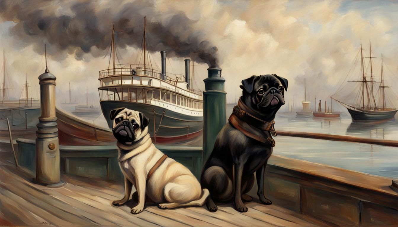 Victorian Steamship Harbor Scene with Pug