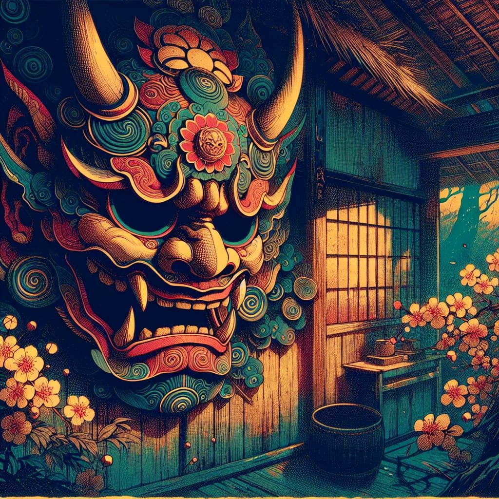 Intricate Oni Mask in Japanese Folklore Style