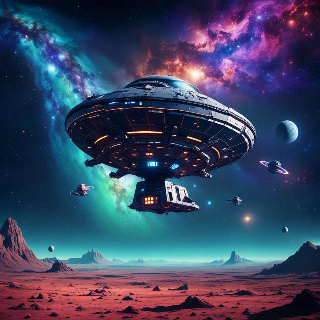 Futuristic Spacecraft Lost in a Vibrant Galaxy