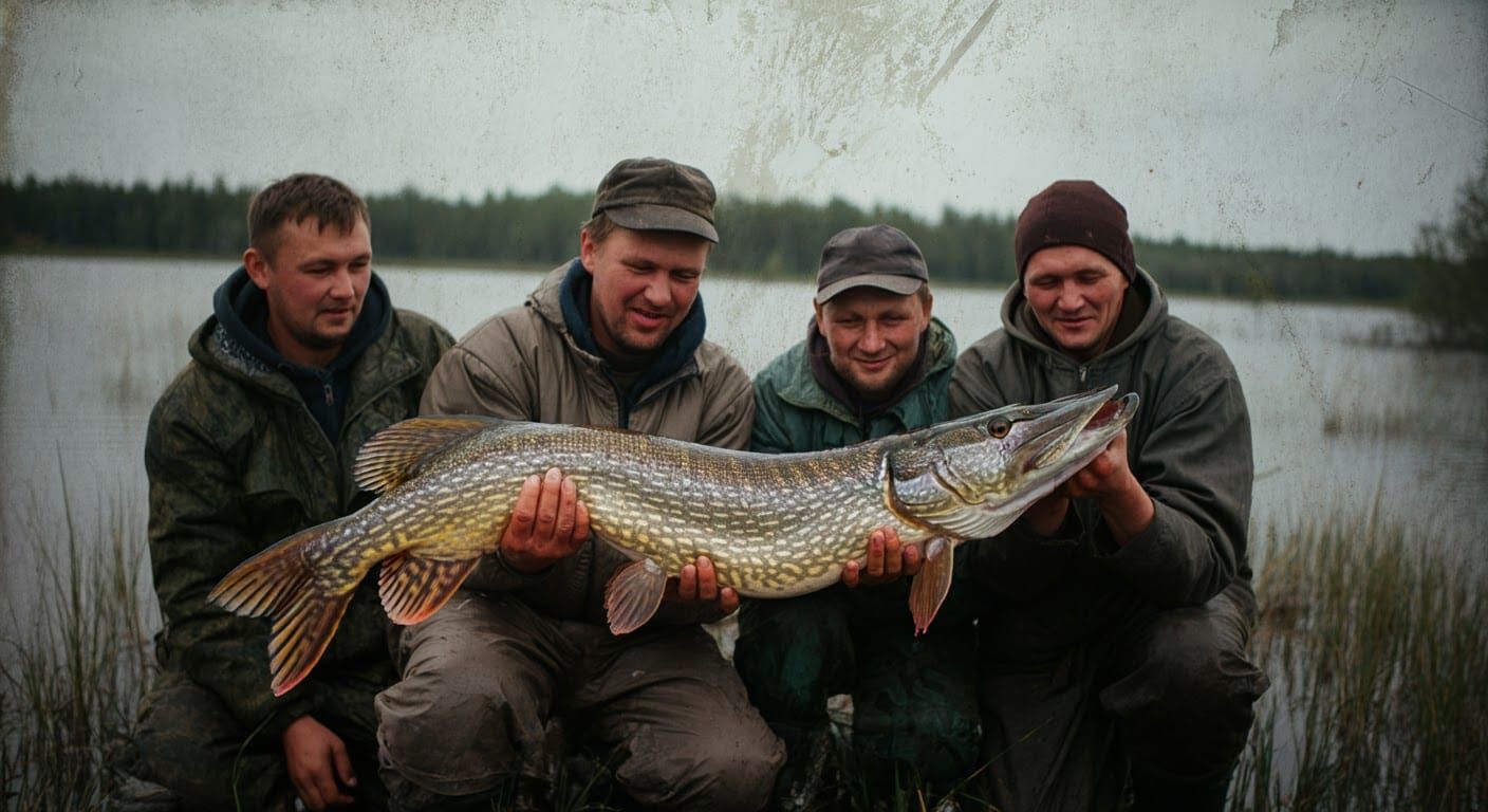 Fishermen with Giant Pike in Vintage Photo Style