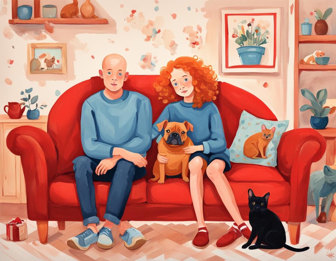 Cute Family Cuddling on Sofa, Gouache Cartoon Style