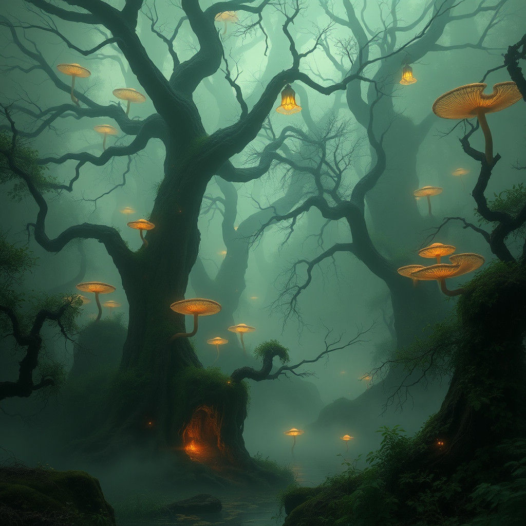 Mystical Swamp Landscape with Luminescent Mushrooms