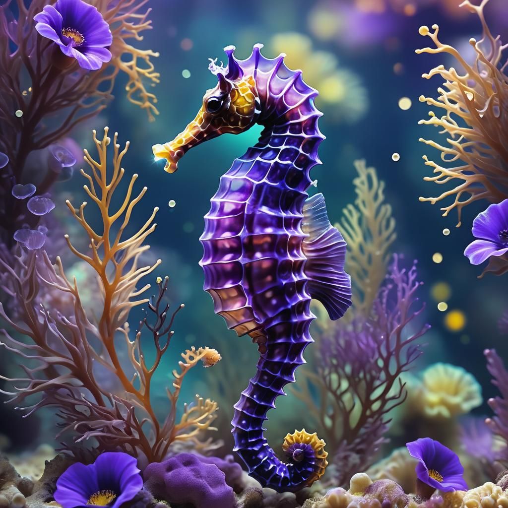 Exotic Seahorse with Glowing Anemones, Vector Art