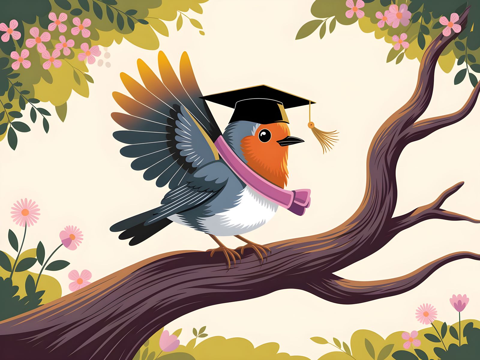 Joyful Robin Celebrates Graduation in Spring Sunlight