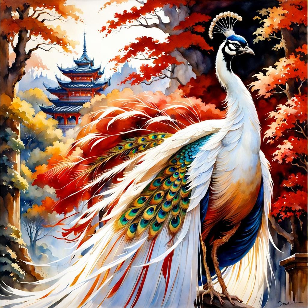 Regal Asian Peacock Portrait in Vibrant Watercolor