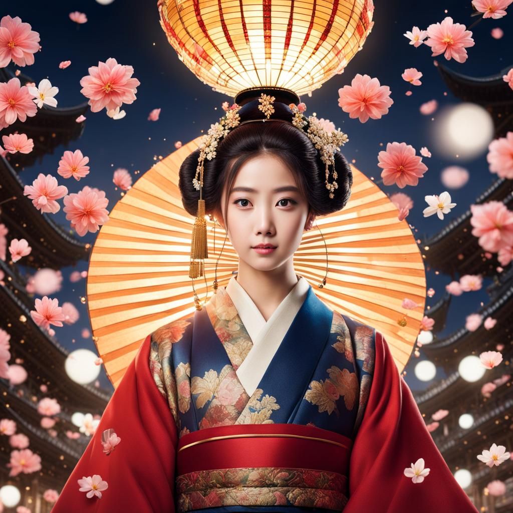 Beautiful Girl in Royal Japanese Costume Lighting Lamp