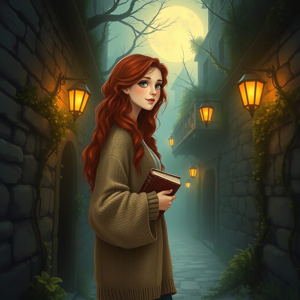 Moonlit Alleyway Illustration with Woman in Dreamlike Style