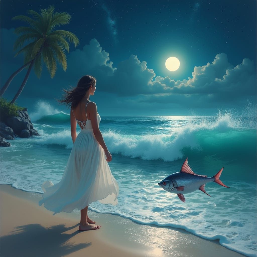 Serene Tropical Goddess Under Starry Night Sky with Jumping ...