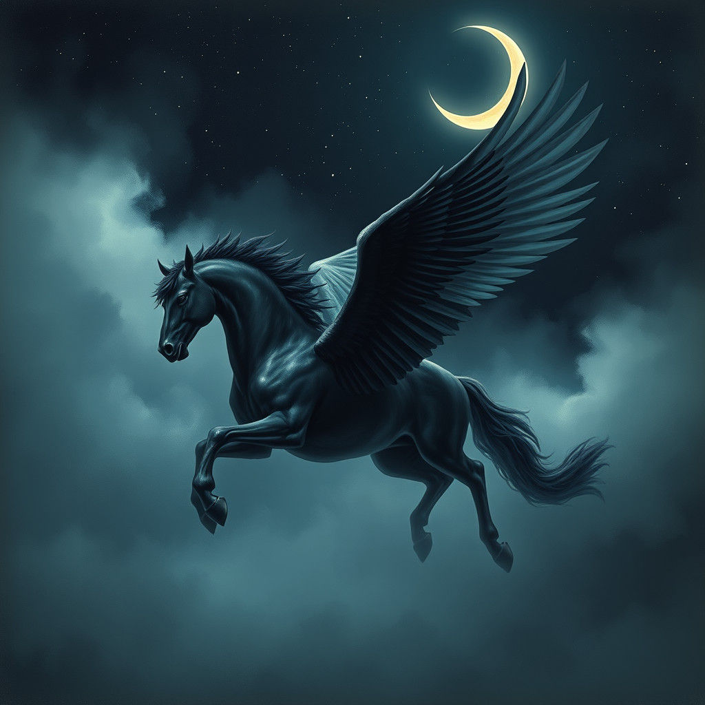 Black Pegasus Soaring Through Misty Night Sky