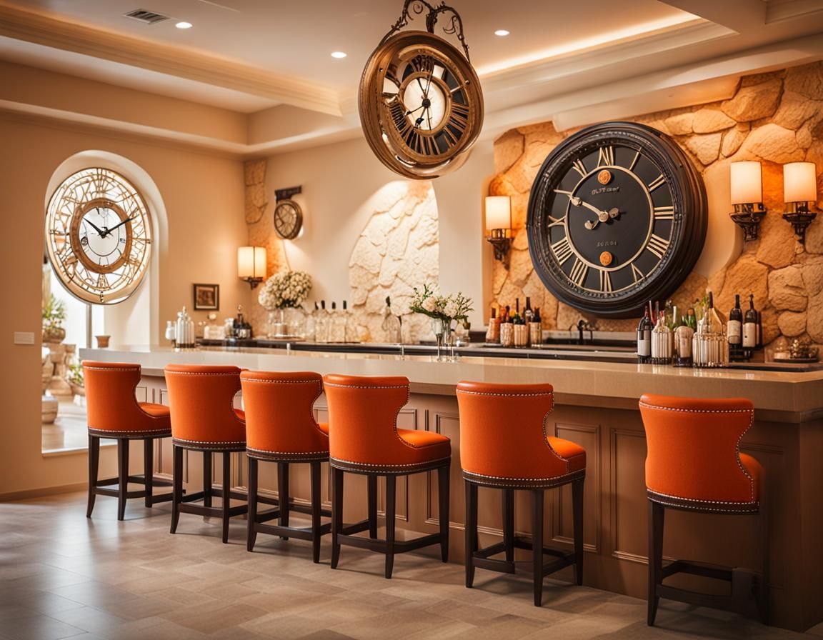 Greek Bar Lounge with Clock and Orange Furniture