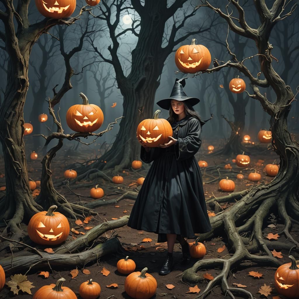 Hyperrealistic Witch Draws Magical Pumpkin in Forest