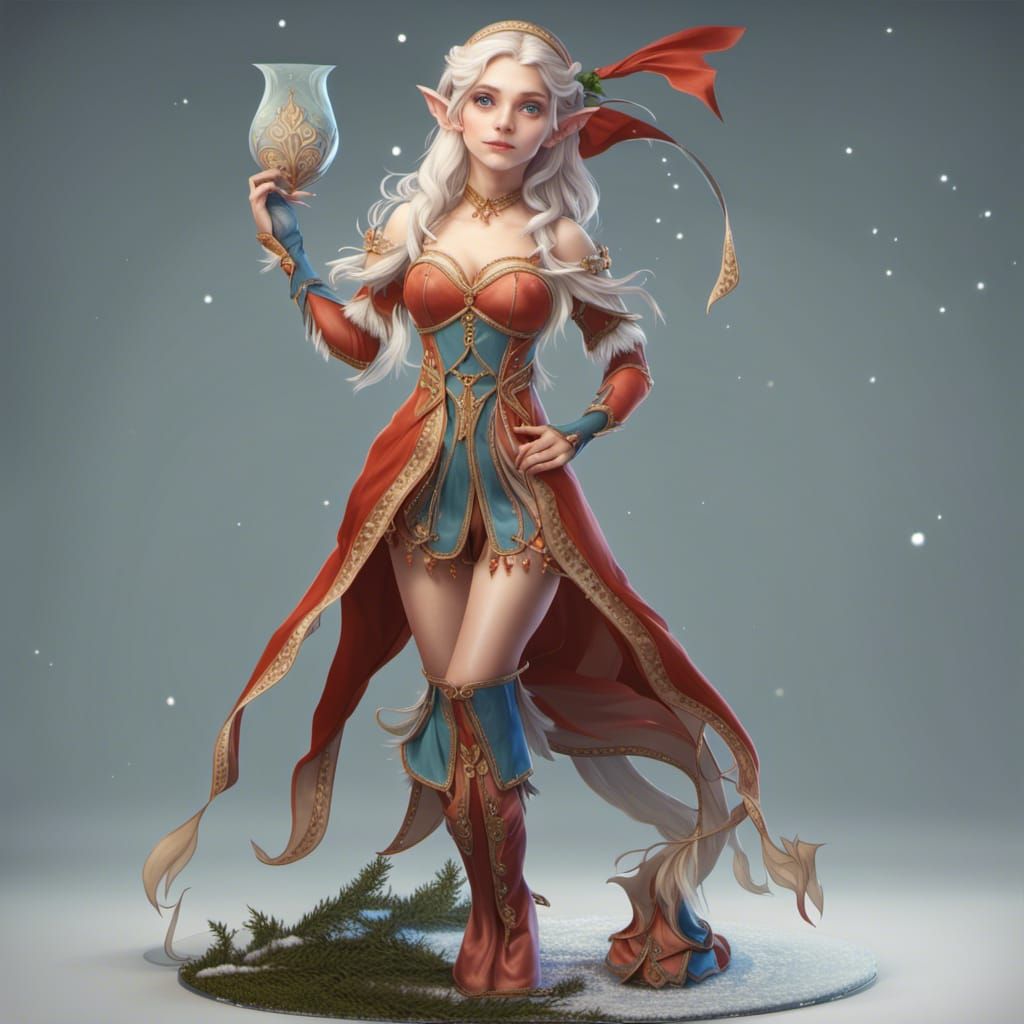 Adorable Art Nouveau Winter Elf in Blue Dress